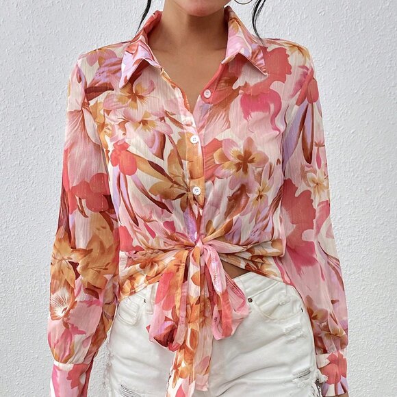 Baby Pink Boho Women's Floral Lantern Long Sleeve Shirt - Picture 3 of 6